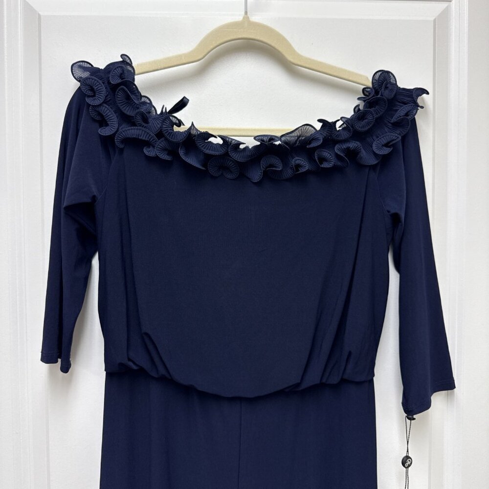 New ADRIANNA PAPELL Size 8 Navy Chiffon Ruffle Wide Leg Off Shoulder Jumpsuit - Picture 4 of 11